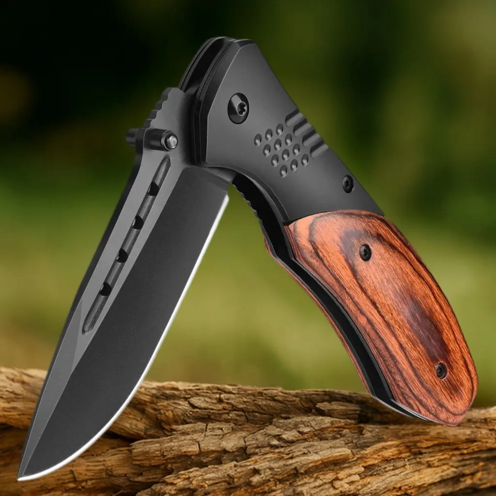 Folding Pocket Knife For Men,3.46In Sharp Blade,Wood Handle With Clip,Glass Breaker,Lightweight 3oz,8Cr13MoV Steel, Portable EDC Everyday Carry Bushcraft Camping Hiking Fishing Hunting Survival Gear, Father's Day, Thanksgiving & Christmas Stocking Stuffer