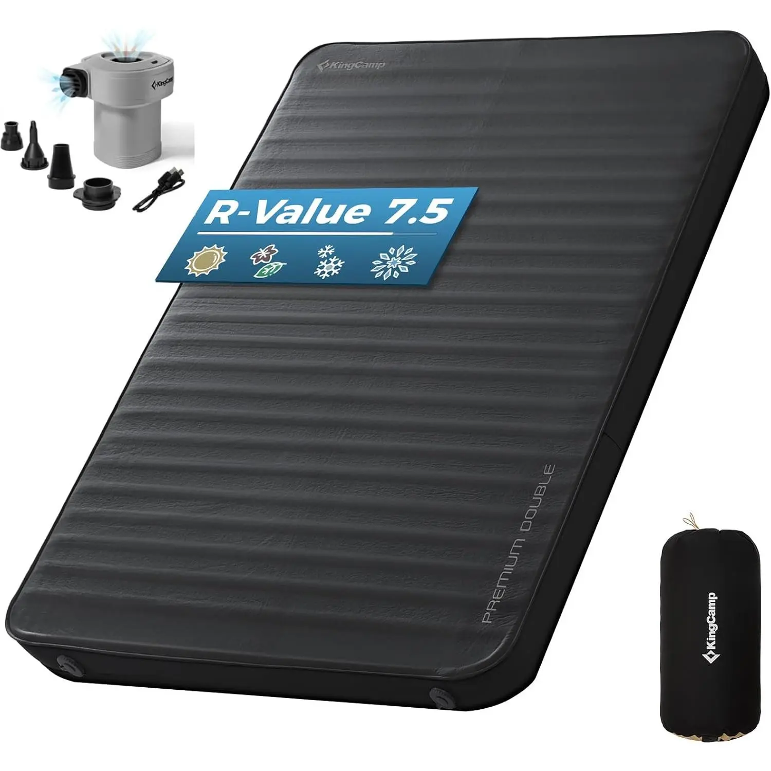 KingCamp Double Self-Inflating Sleeping Pad for 2 Person, 3" KingCamp Double Self Inflating Sleeping Pad, 3 Inch Thick Foam Camping Mattress with Electric Pump, 7.5 R-Value 4 Season Sleeping Pad for Couples Car Camping Glamping Essentials