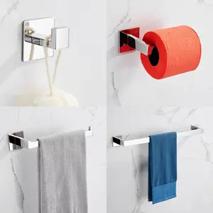 4-Piece Bathroom Accessories Set No Drilling Required Strong Adhesive Silver Brushed Towel Bar Set Holder Coat Hook Paper Towel Holder Toilet Paper Holder Rust-Proof 304 Stainless Steel KJ715PRO-4YIN
