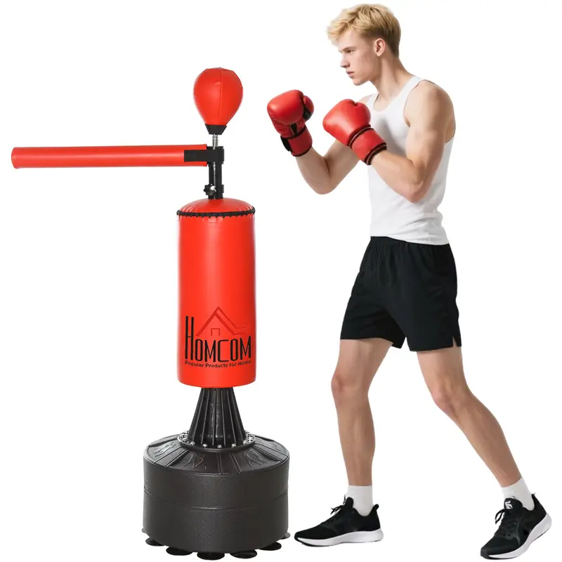 Soozier Freestanding Boxing Bag Set - Adjustable Height (61"-80.75"H) Punchingbag with 360° Rotating Bar, Speed Bags for Boxing, Gloves, Stable Suction Grip, Sand/Water Fill, 34.75"W x 19"D Training Boxing Equipment for Combat Sports, Muscle Gain
