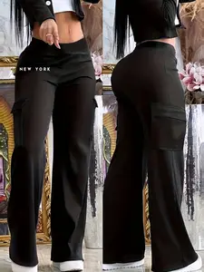 Women's black casual trousers, featuring flap pockets, elastic waistband, a straight-leg fit, and Geometric pattern. Suitable for spring, summer, and autumn wear. Workwear style.