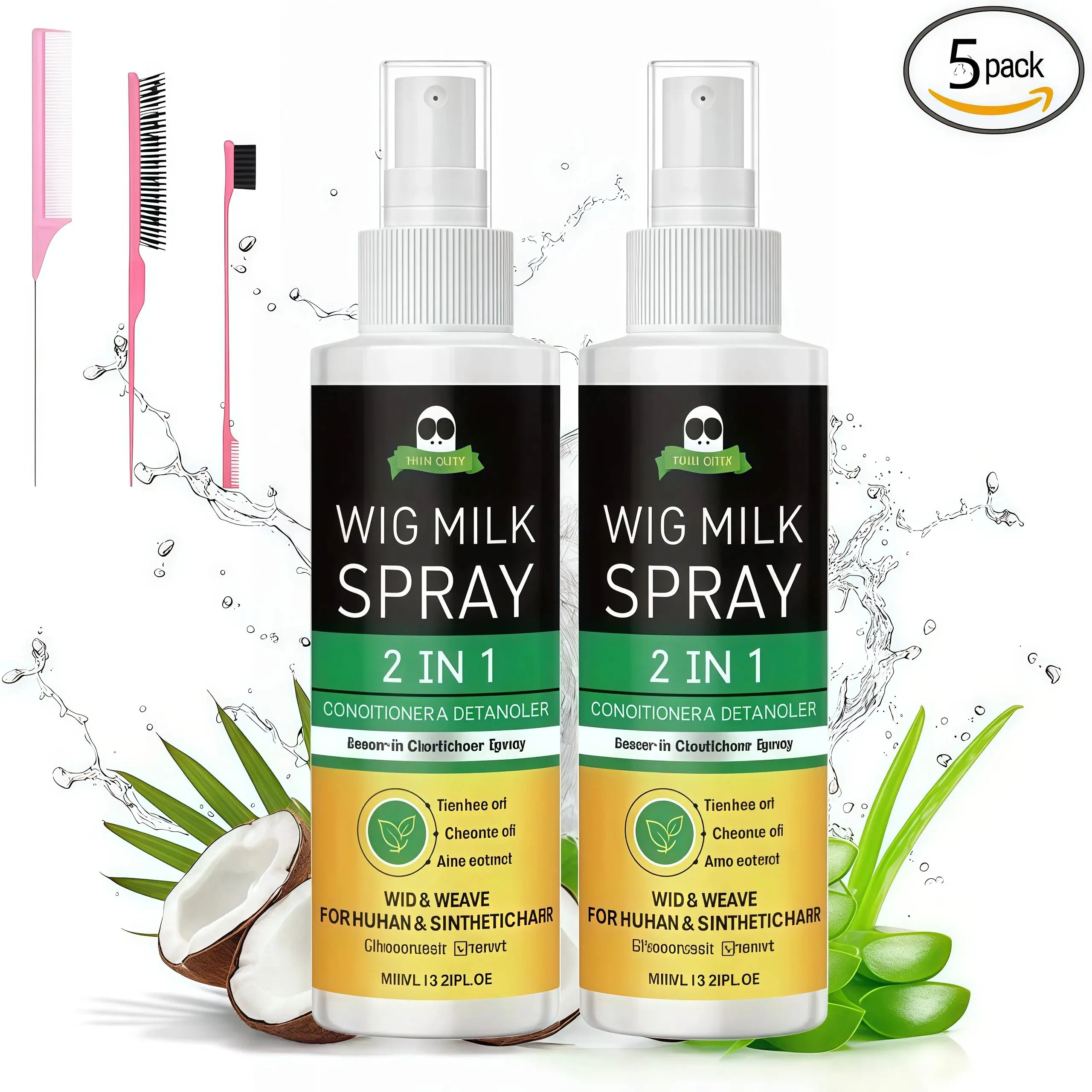 5Pcs Wig Milk Leave-In Conditioner Spray, 2-in-1 Detangler & Moisturizer for Synthetic & Human Hair, Hydrates Dry Strands, Reduces Frizz, Easy Combing, Wig Care & Daily Maintenance Styling Supply