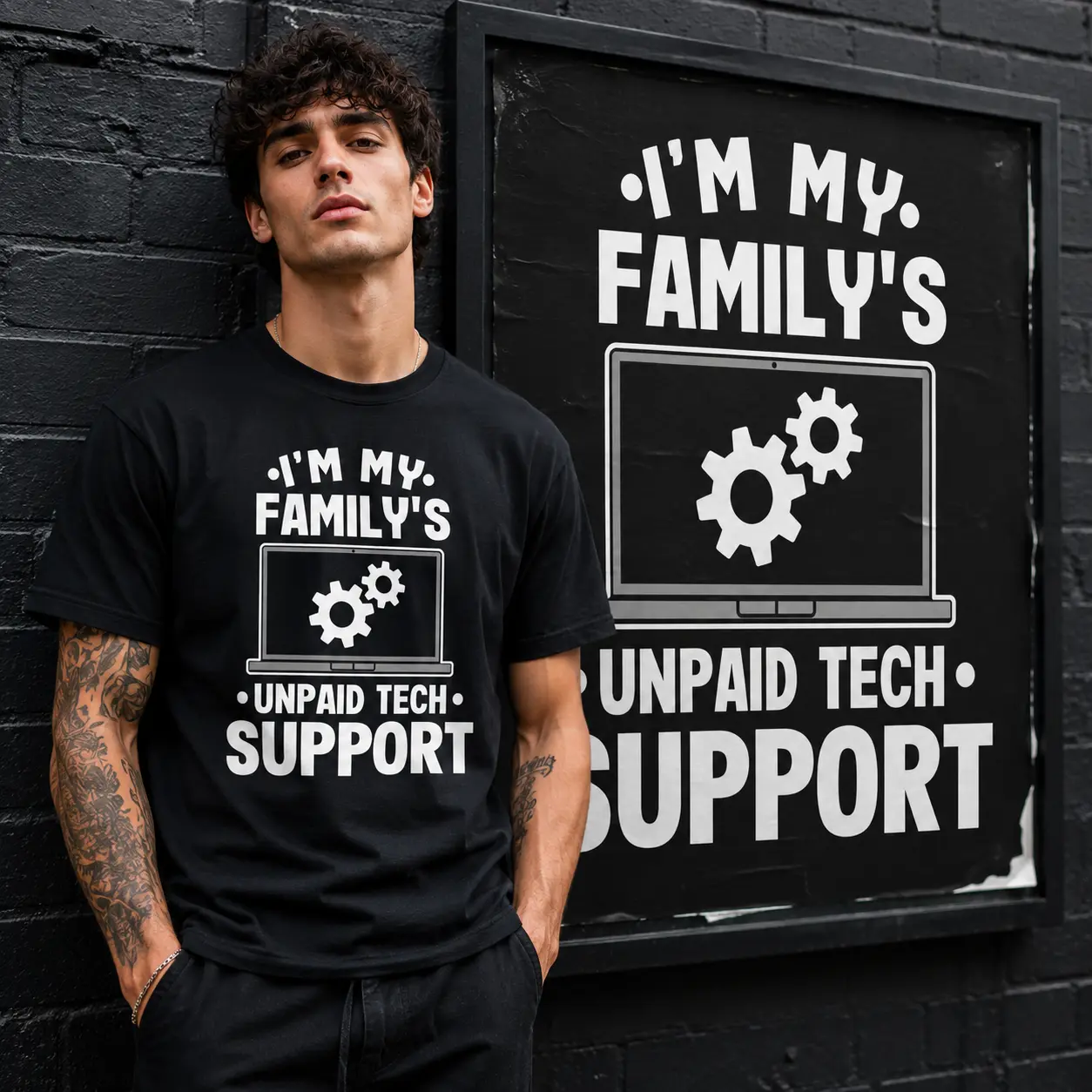 Men’s Funny Tech Support T-Shirt, “I’m My Family’s Unpaid Tech Support” Computer Graphic Tee, IT Guy Programmer Geek Humor Shirt, Black Short Sleeve Crew Neck Casual Top, Funny Gift for Dad Husband Boyfriend