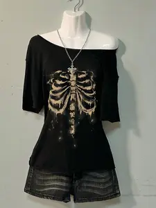 Women's Trendy Gothic-Themed T-Shirt, Black Off-Shoulder Design With Skull Skeleton Cross Print, Loose Comfortable Fit, Ideal for Daily Casual, Streetwear & Alternative Fashion Outfits