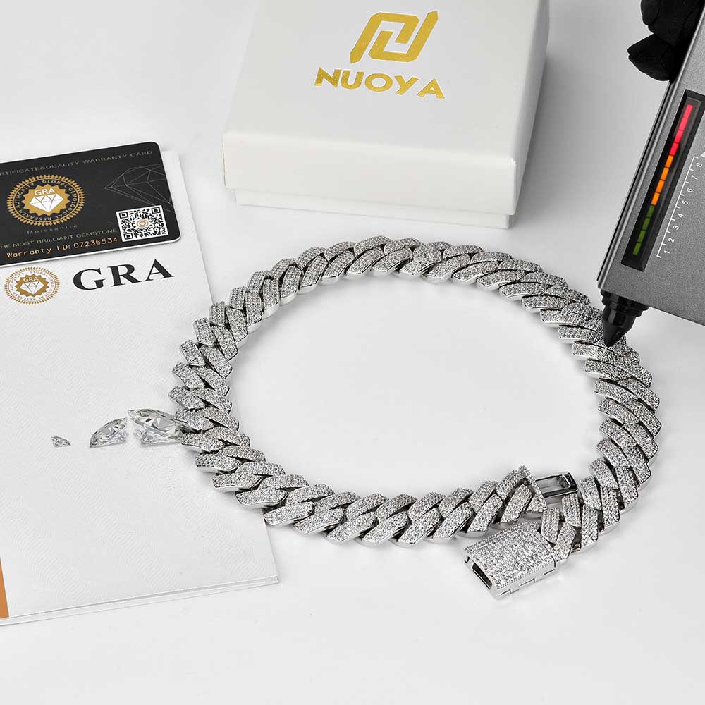 Thick 20-25mm Silver Three Rows Prong Setting Cuban Link Iced Out Hip Hop White Moissanite Chain Jewelry Women Men Gifts