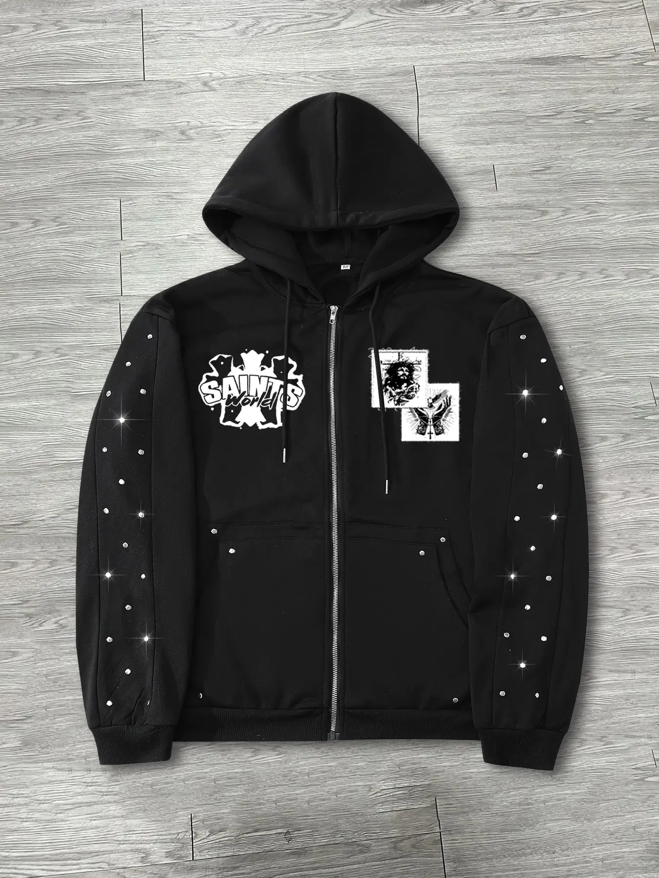 Men's Zipper Hoodie, Trendy Thin Long Sleeve Jacket, Rivet Embellished Jesus Print, Casual Style, Daily Wear, Fashionable Men's Clothing