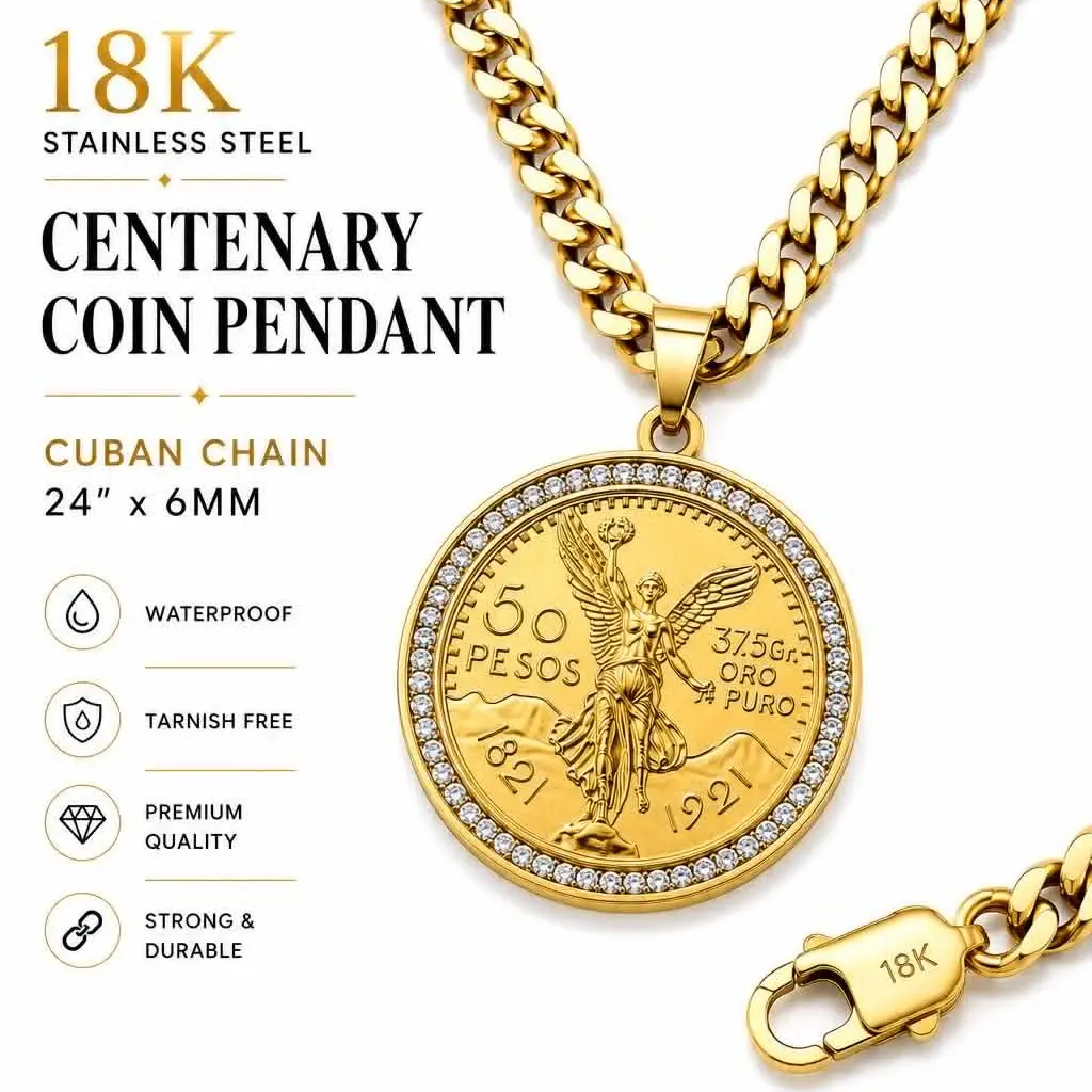 Mexican Centenario Necklace, Unisex Stainless Steel Jewelry with 1.61" Round 50 Pesos Pendant & 24" Long Cuban Link Chain, Gift for All Occasions, Chain & Link