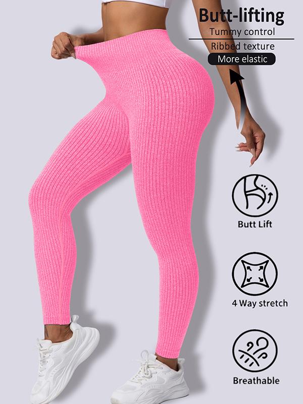 Fashion Candy Colors Women High-Waisted Butt-Lifting Tummy-Control Leggings, Soft Comfortable Breathable Elastic Ribbed Texture Sport Pants, Gym Workout Yoga Fitness Leggings, Suitable For Casual and Versatile Styles, Everyday Wear Must-Have For Wardrobe