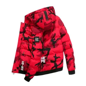 Trendy Camouflage Jacket for Men with Hood, Comfy Warm Outwear, Ideal for Autumn and Winter, Red with Black Pattern - Menswear, Hoodie.