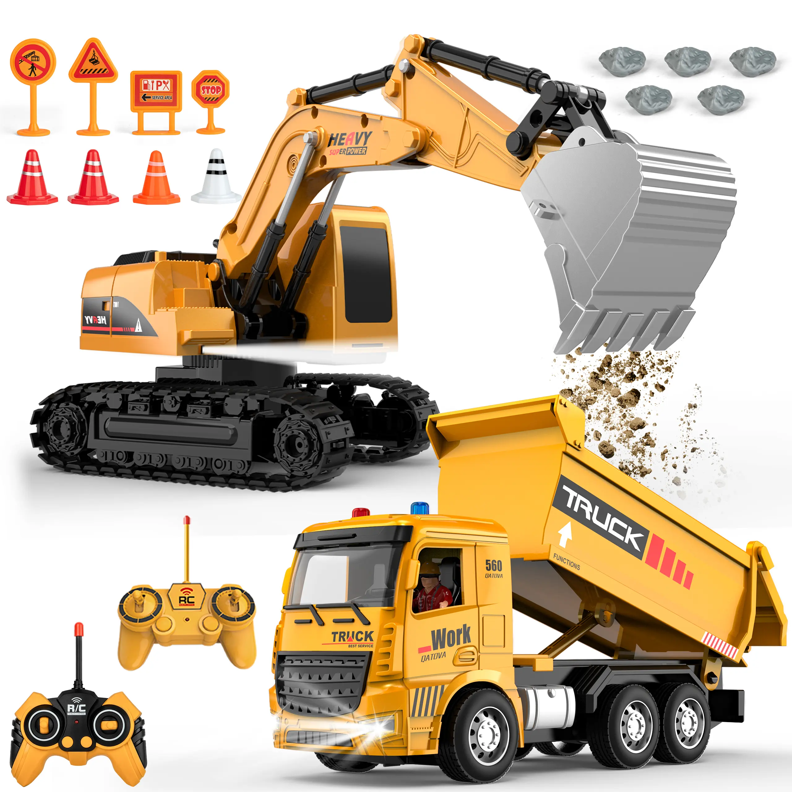Remote Control Excavator & Dump Truck Toy Set with Realistic Lights Sounds Christmas Birthday Gifts for Boys Girls