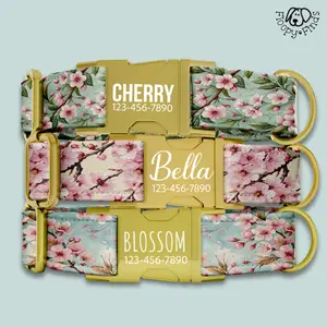 Cherry Blossom Flower Dog Collar Personalized Gift For Dog Mom Custom Floral Sakura Dog Collar and Leash Set Engraved with Name FF-44
