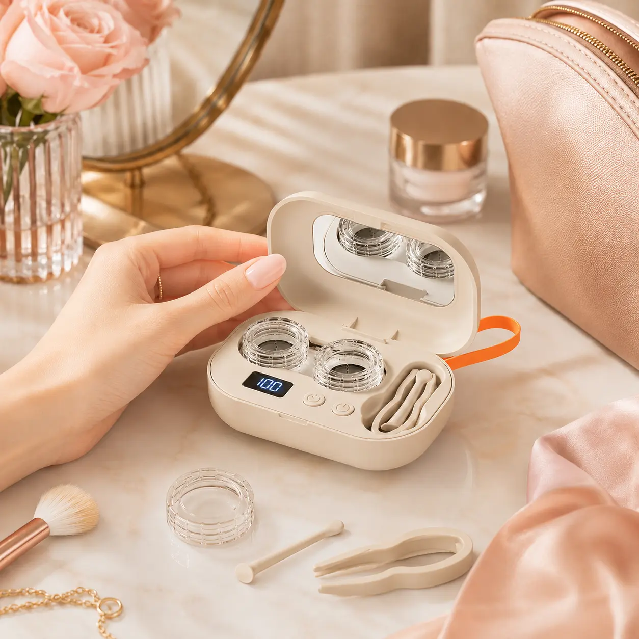 Ultrasonic Rechargeable Contact Lens Cleaner with Vanity Mirror – Portable Case for Hard & Soft Lenses, 2 Cleaning Modes, Daily Deep Cleaning for Travel, Sports, Office, and Home Use
