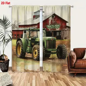2D Flat Rustic Vintage Countryside Tractor & Barn Themed Blackout Curtain 2-Piece Set, Farmhouse Style Home Decor, Yellow Green Red Muddy Field Aesthetic Window Treatment, Soft Aged Filter Effect Curtains for Living Room Bedroom