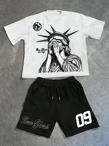 Men's Statue Of Liberty & Letter Print Short Sleeve Tee & Shorts Two-piece Set, Regular Fit Casual Round Neck T-shirt & Track Shorts, Men's Summer Clothes