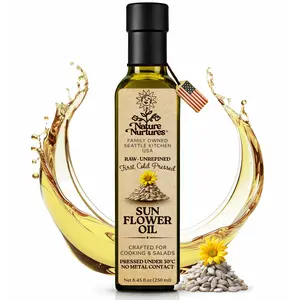 Sunflower Seed Oil for Cooking and Baking · Raw · Unrefined · First Cold-Pressed at Temperatures Below 30°C · Pressed Only Once · Without Metal or Wood Contact · Small Batch · Handcrafted in Seattle USA · 100% Pure & Natural · Also Loved for Skin and Hair