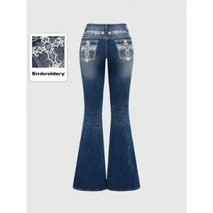 avy Blue Women's Jeans - Grunge Punk Vintage, Cross Wings Embroidery, Drop Waist w/Buttons/Zipper, Slim Flared Curvy Fit - Spring/Fall Casual Daily Wear for Ladies