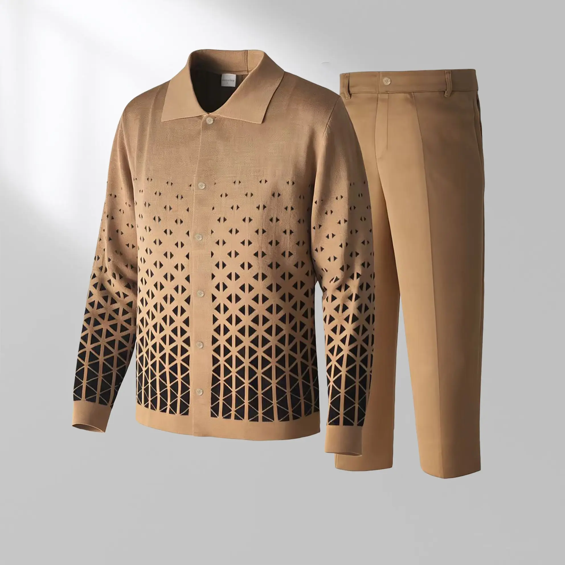 Cafe Criss-Cross Pattern Walking Suit Long Sleeve Set