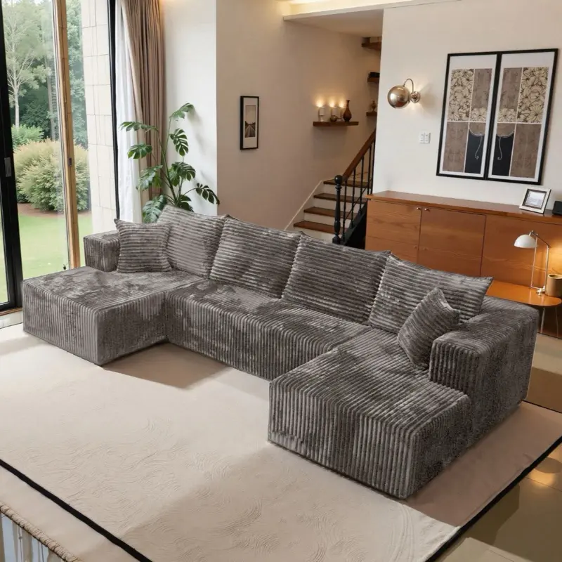 U-Shape Modular Sectional Corduroy Couch, Stylish Living Room Furniture Piece