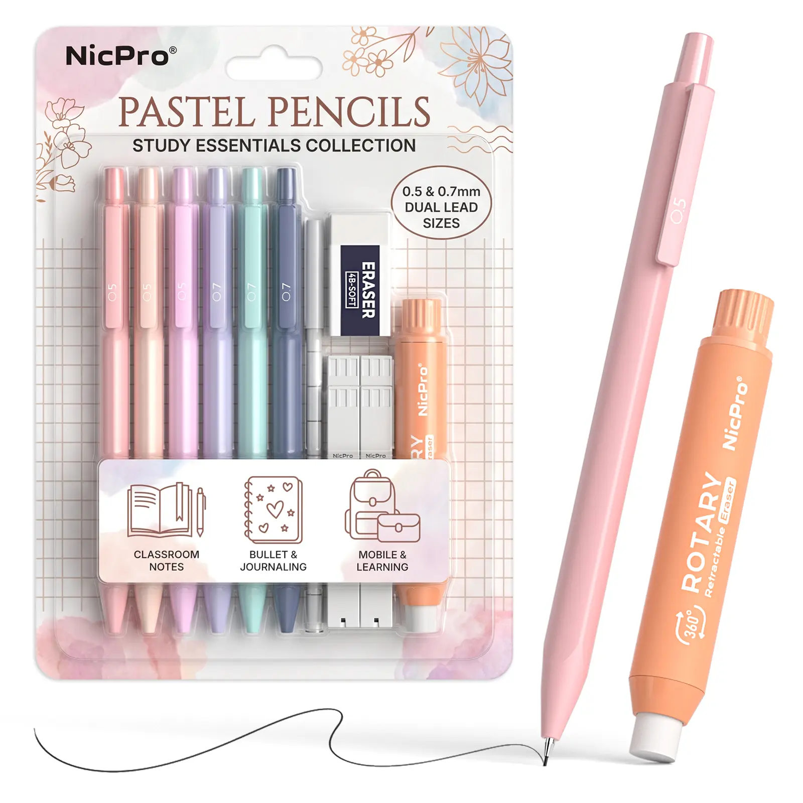 Nicpro Pastel Mechanical Pencil Set, 0.5 & 0.7mm Cute Pencils, 6 Pack, 4 Tube HB Lead Refill, 4B Eraser, Rotary Retractable Eraser, Eraser Refills, Aesthetic School Supplies for Teen Girls