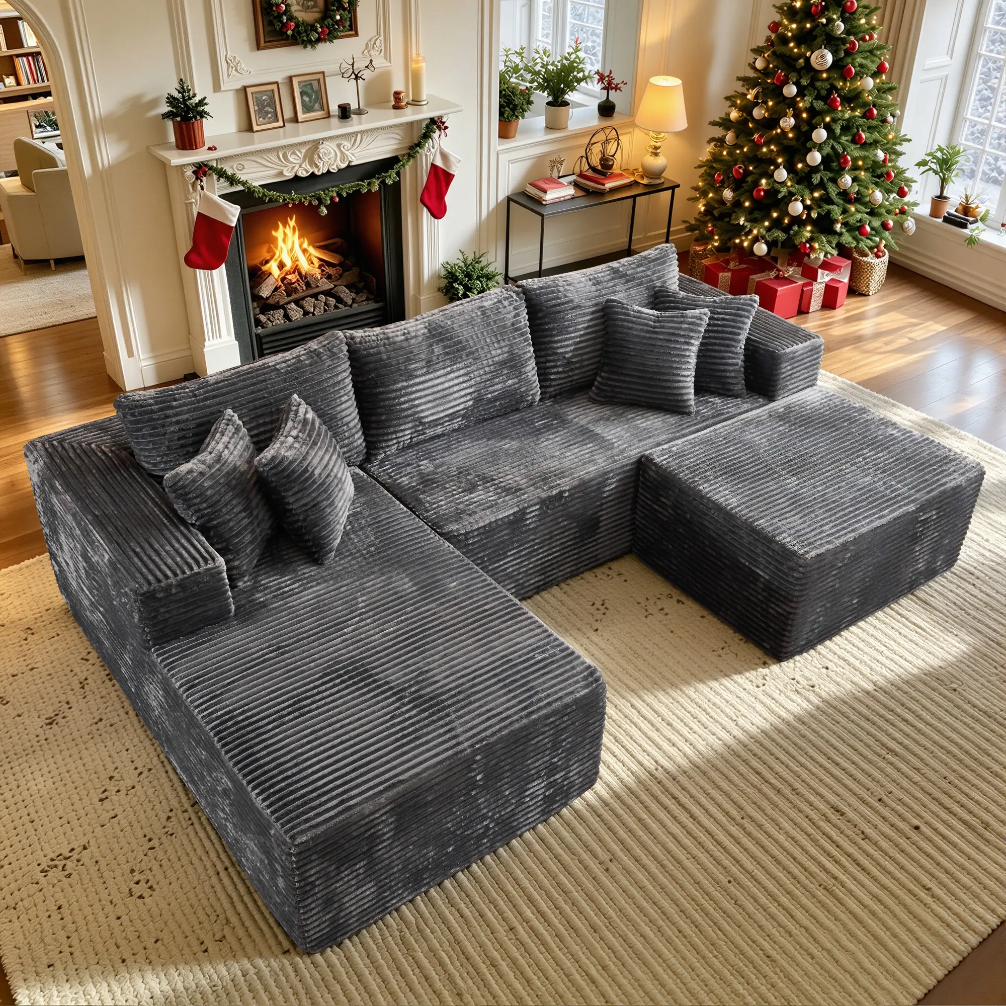 CAODOC 108" Modular Sectional Sofa Cloud Couch with Ottoman Corduroy Memory Foam L-Shaped Couch for Living Room Modern Deep Seat Boneless Fluffy Plush Chaise Lounge Free Combination