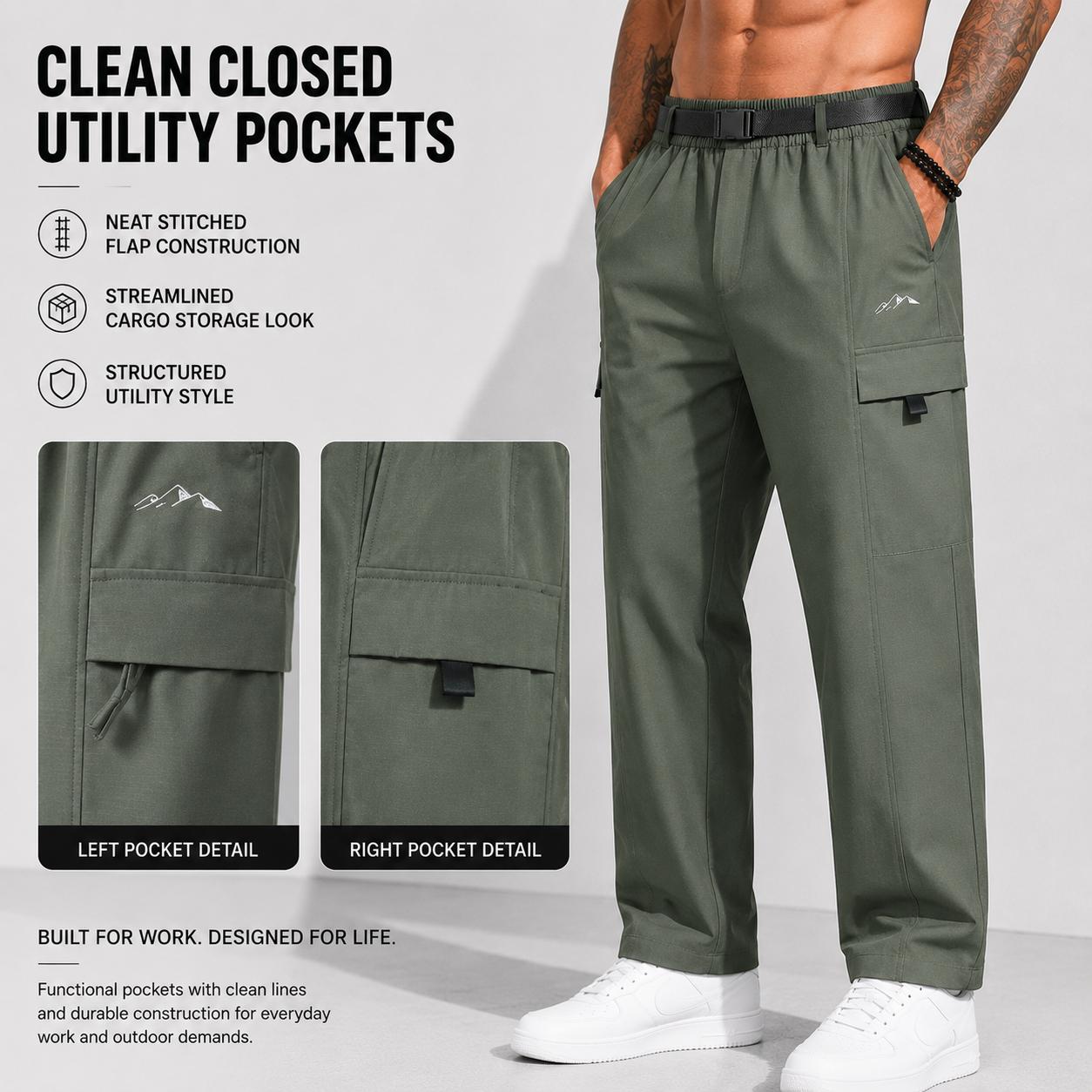 3-pack men’s loose, comfortable cargo pants with belt included; elastic waistband, multi-pocket casual design; waterproof/windproof/colorfast/no pilling/non-deformed/durable/stain-resistant/lightweight; straight-leg—essential for outdoor, casual, travel,