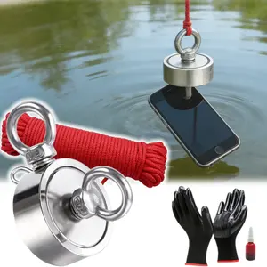 Heavy Duty Double Sided Fishing Magnet Kit, 900 LBS N52 Neodymium Magnet D75mm 3-Layer A3 Steel Plate, with 66FT Rope, Grappling Hook, Gloves and Carabiner for Summer Outdoor Treasure Hunting & Metal Detecting Sports