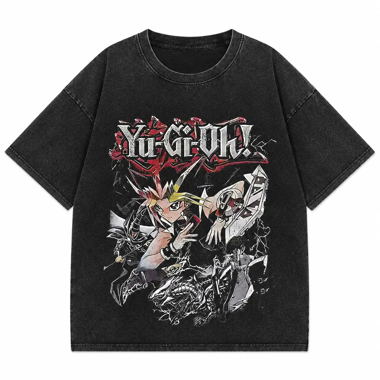 Men's Short-Sleeve Retro Washed Vintage T-Shirt - Yu-Gi-Oh! Themed Loose-Fit Anime Top