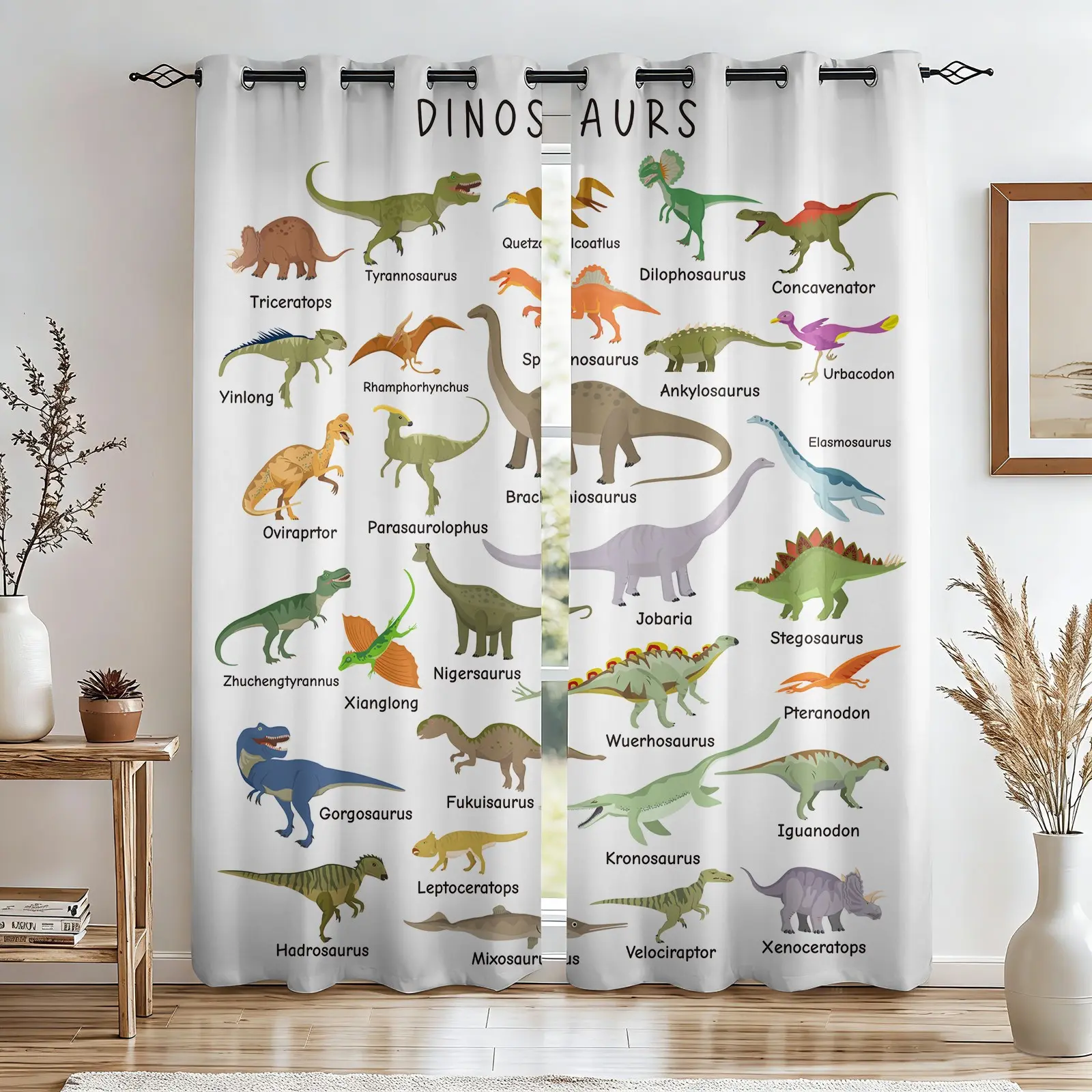 2 Panels Kid Colorful Dinosaur Curtains, Dino Pattern Educational Learning Theme Window Treatments, Light Darkening Decoration for Boys Nursery Playroom Living Room Bedroom Cartoon Printed Drape