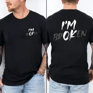 I'm Broken I'm Okay Hidden Message T-Shirt, Mental Health Matters Double Sided Print Tee, Trendy Brushstroke Casual Black Shirt for Men