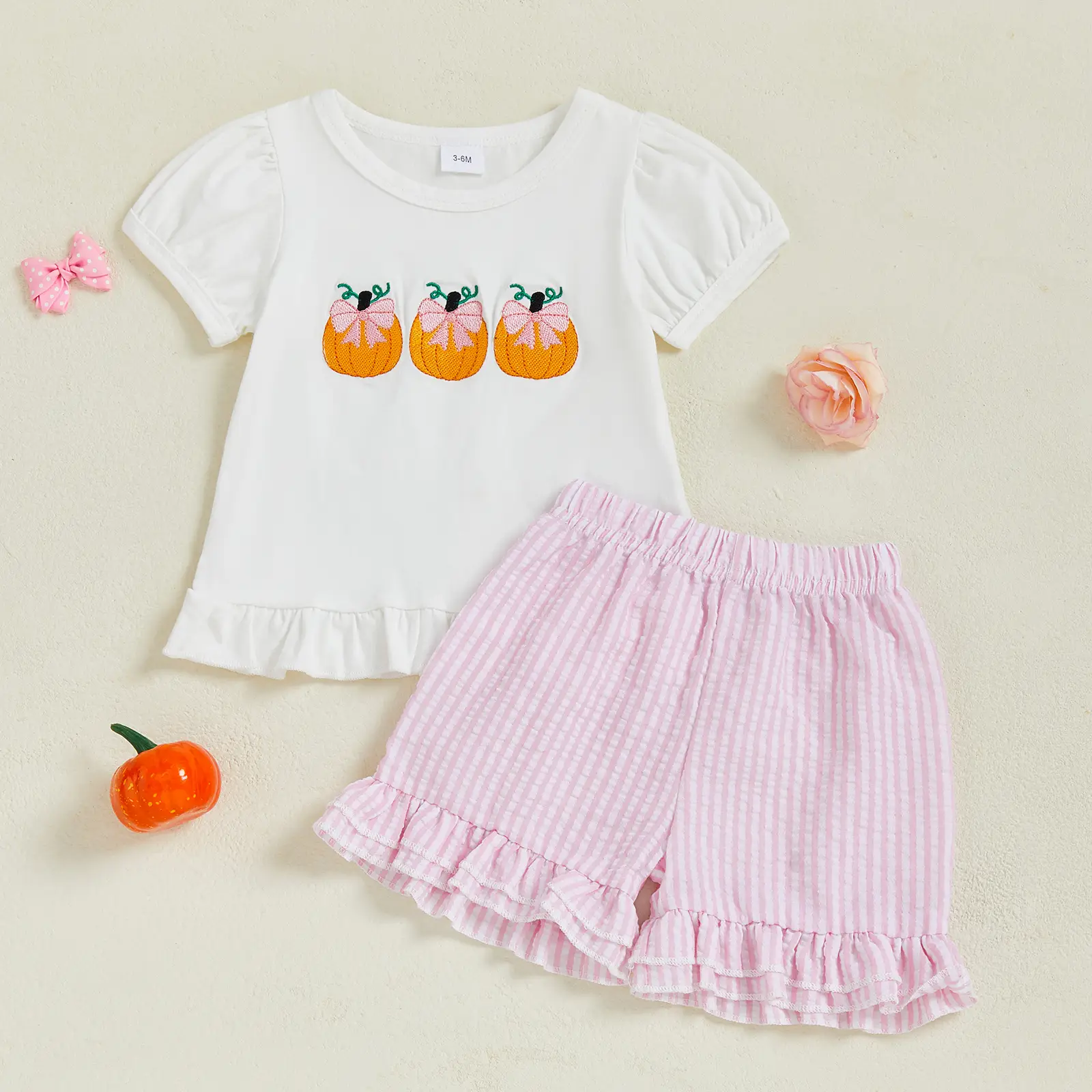 Toddler Baby Girl Halloween Outfit Bow Pumpkin Embroidered Short Sleeve Tops Striped Ruffle Shorts 2 Piece Set 6M-4Y