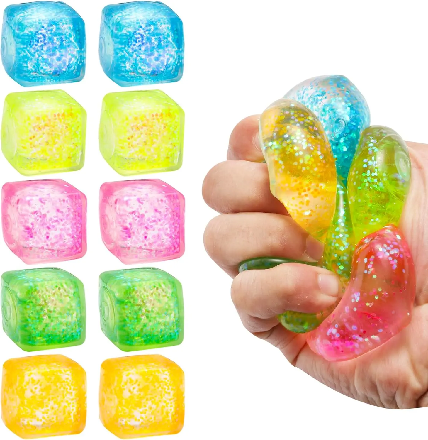 10 Pack Stress Cube Squishy Stress Balls, Sensory Fidget Toys for Adults & Kids, Slow Rising Stretchy Squishies for Anxiety & Stress Relief, Sparkling Malt Sugar Squeeze Toys