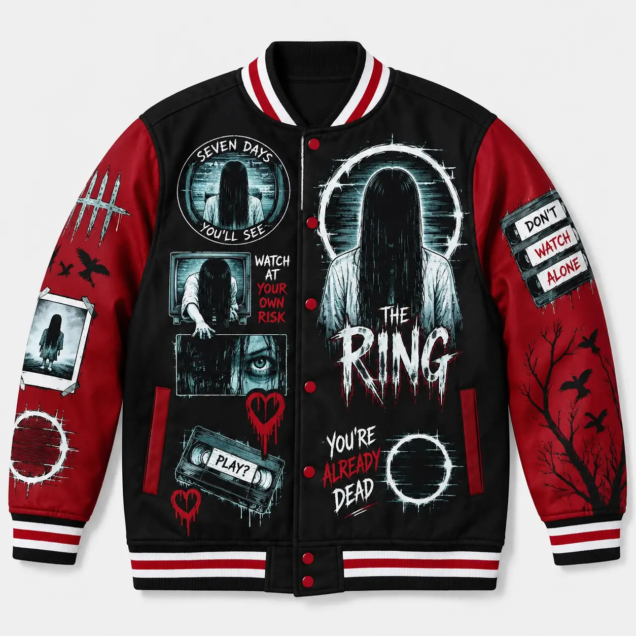 Samara Morgan Varsity DIEUAI Jacket All-Over Printed Graphic Cursed Video Ring Horror Apparel
