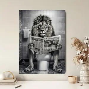 1 Piece Lion Reading Newspaper Toilet Canvas Wall Decor - Black and White Humorous Bathroom Decoration with Wooden Frame, Easy Hook Installation - Fun Home Office Cafe Decoration, Unique Gift Idea for Men and Women, 2D Flat