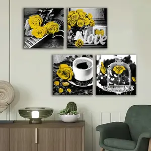 4-count wooden frame canvas, contrasting yellow rose romantic four-panel decorative poster, Vibrant Print, exquisite living room and bedroom decoration, modern and fashionable family poster, corridor wall hanging painting, waterproof art
