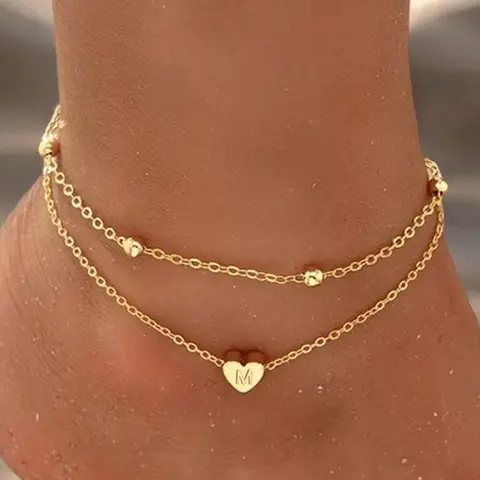 Heart Initial Anklet, Simple Fashion Anklet for Women, Dainty Layered Anklet, Stainless Steel Bead Chain Anklet for Women & Girls, Fashionable Jewelry Accessories for Daily Wear, Wearable Jewelry, Trendy Jewelry, Love