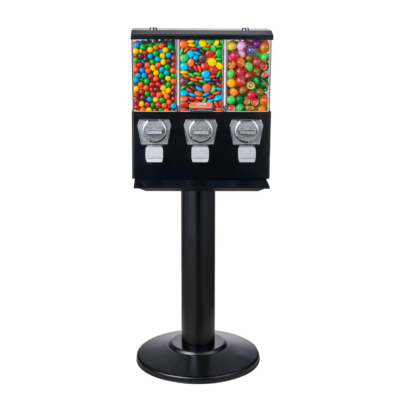 VEVOR Metal Durable Gumball Machine with Stand, 3-Slot Coin Bank Vending Device for Restaurants, 25-Cent Transaction Vintage Black Candy Dispenser with Removable Jars (Holds 320 1" Round Candies)