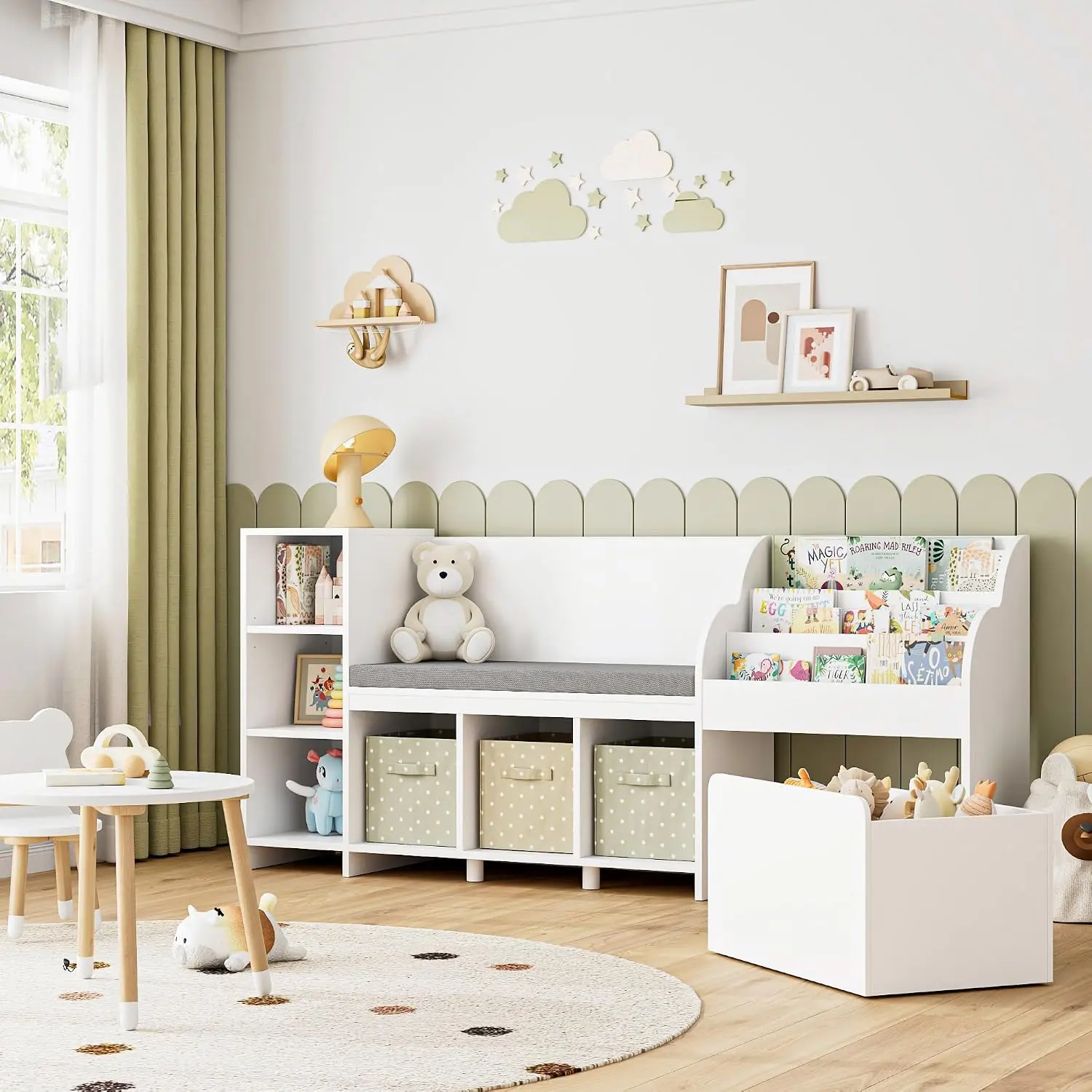 OMNIRA 67" W Kids Reading Nook with Toy Storage Organizer, Large Kids Bookshelf with Toy Storage Box on Wheels, Big Kid Bookcase with Bench and 6 Open Cubbies for Playroom, Nursery, White