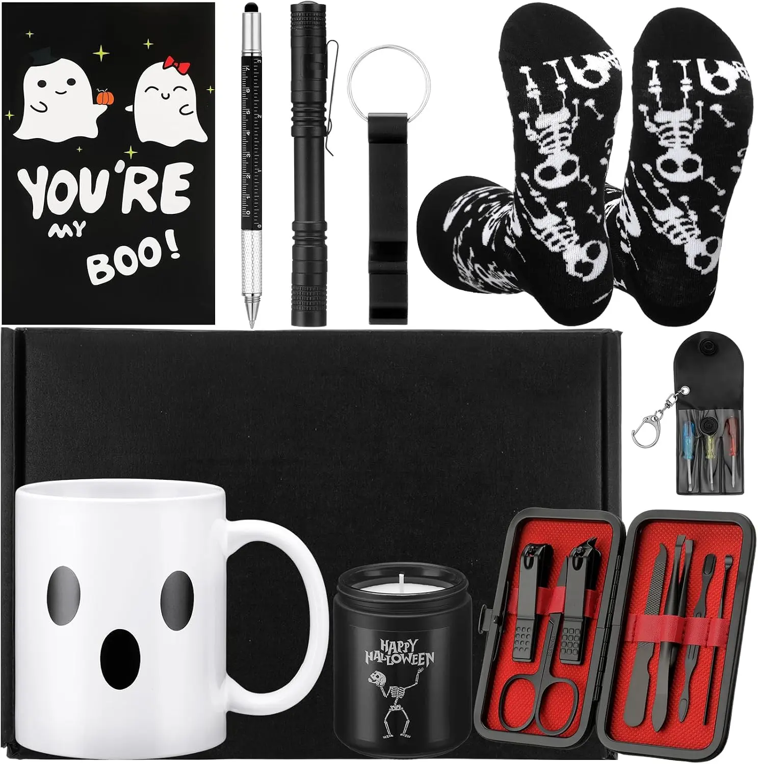 Halloween Gifts for Him – Black Boo Basket for Men with Ghost Coffee Mug, Scented Candle, Fun Stuffer Items & Gift Box Set