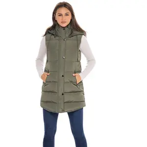 Women's Long Puffer Vest with Hood - S.E.B. By SEBBY Olive Medium