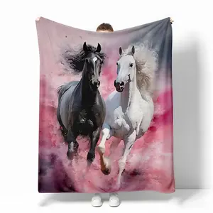 1pc Cozy Black And White Horse Pink Print Blanket, Lightweight Flannel Throw For Sofa, Bed, Livingroom, Office, Chair, Couch, Travel, Camping, And Bed, Digital Printing Fleece Blanket With Soft And Warm Flannel Fabric, Gifts For Family Or Friends