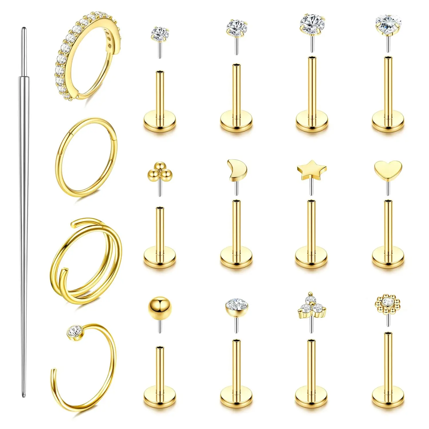 14K Gold Plated Surgical Steel Flat Back Earrings, CZ Internally Threaded Labret Studs, Hypoallergenic Cartilage Piercing Jewelry for Tragus, Helix, Conch, Nose & Lip