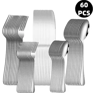 60-Piece Stainless Steel Cutlery Set for 12, Includes Knife Fork Spoon, Polished Finish, Dishwasher Safe, Traditional Style