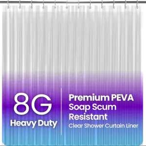 1 thickened PEVA transparent shower curtain, with metal eyelets at the top and magnetic weights at the bottom, comes with white C-shaped shower curtain rings, suitable for bathrooms, rooms, and home decoration, Shower curtain liner