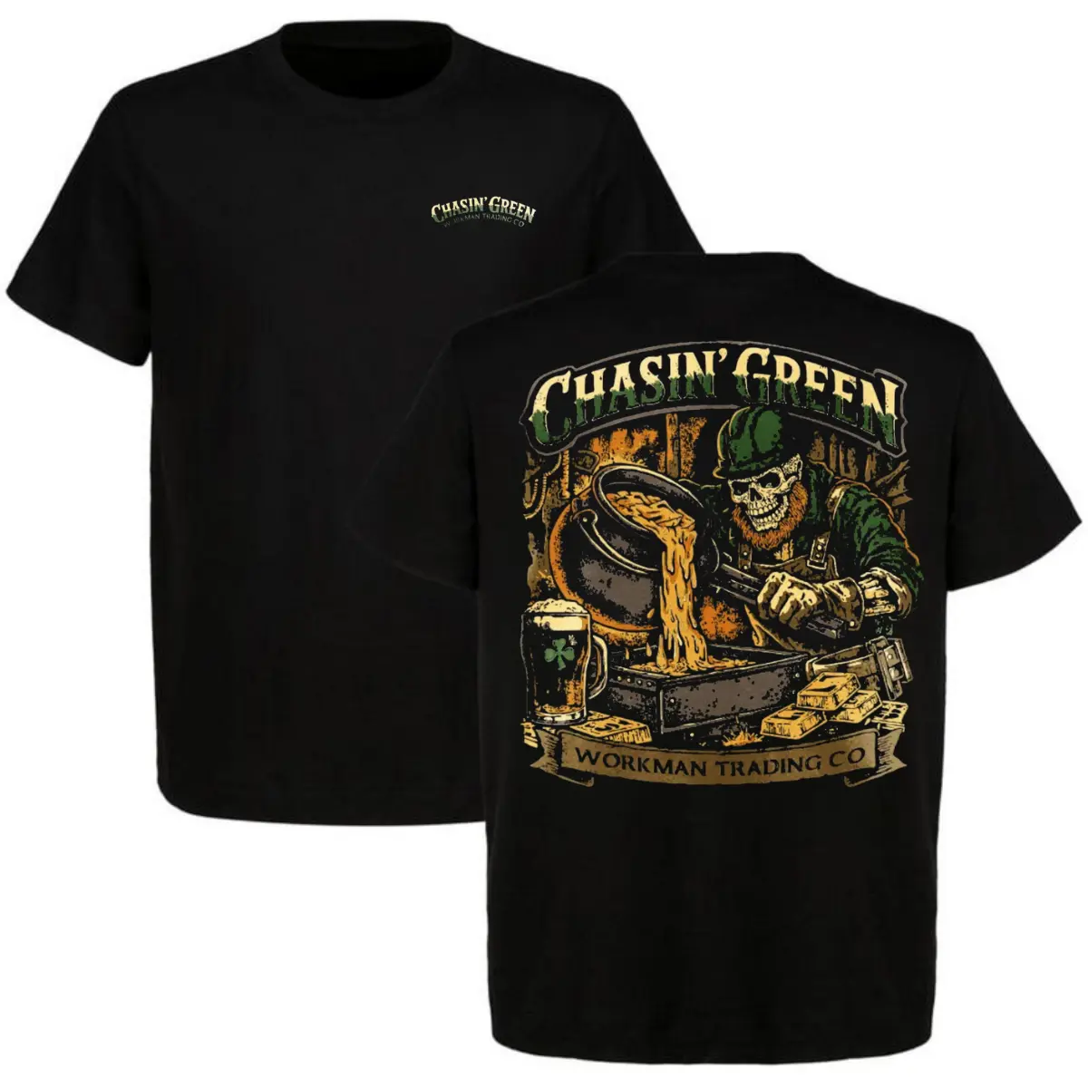 WORKMAN Chasin' Green Skeleton Leprechaun Gold Pot Beer T-Shirt Funny Irish Luck Money Tradesman Graphic Tee Black