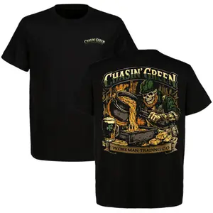 WORKMAN Chasin' Green Skeleton Leprechaun Gold Pot Beer T-Shirt Funny Irish Luck Money Tradesman Graphic Tee Black
