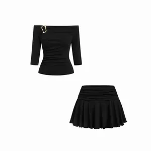 Cider Cotton- blend Off-shoulder Metal Detail Top & Low Rise Ruched Mini Skirt  Set