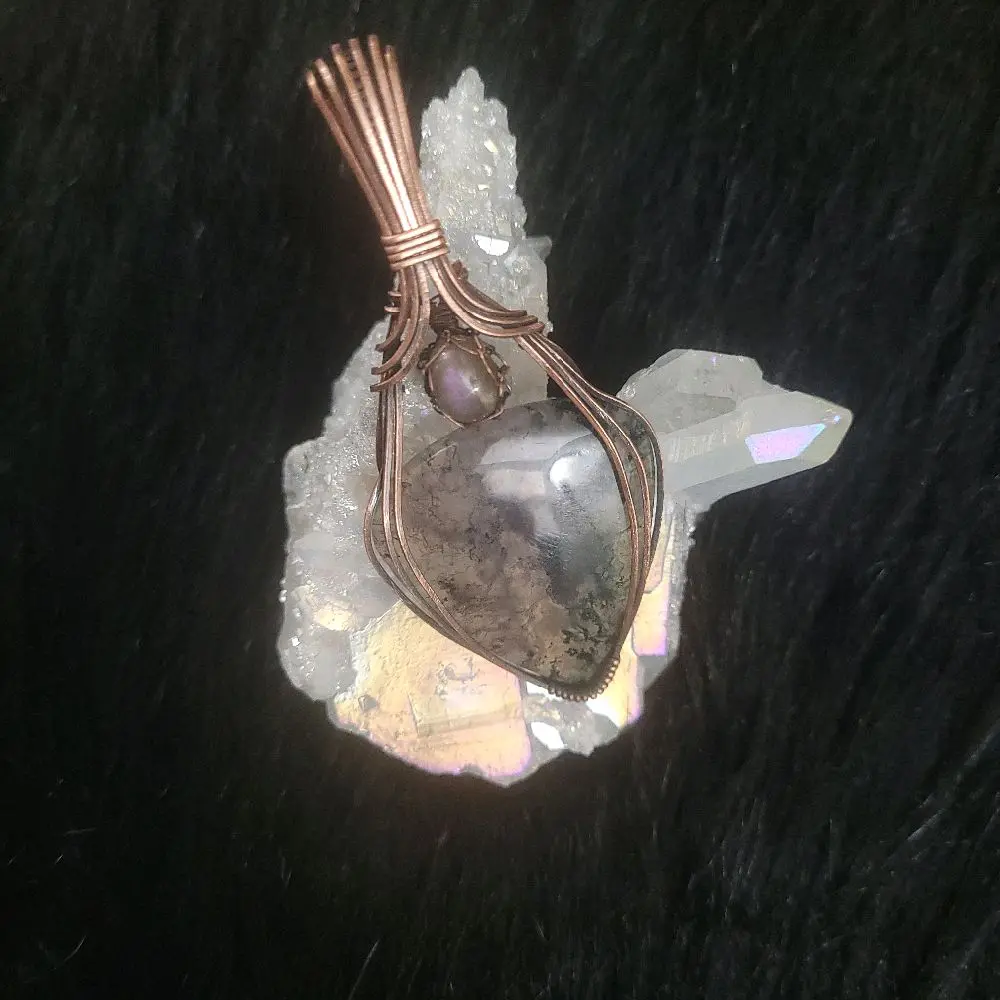 Indonesian Moss Agate and Purple Flashing Labradorite Pendant - Unique Jewelry Piece with Natural Stones