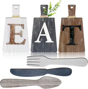 6 Pieces Cutting Board Eat Sign Set Hanging Kitchen Eat Sign Fork and Spoon Wall Decor Rustic Farmhouse Decor for Kitchen and Home Decoration Art Decorative Ornaments