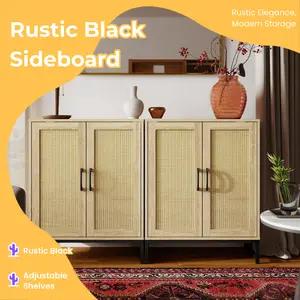 Rustic Black Rattan Buffet Sideboard with Adjustable Shelves Freestanding Wooden Storage Furniture for Small Spaces Modern Farmhouse Style
