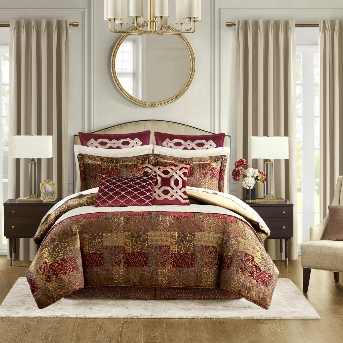 360 Stand 4-Piece King Size Bedding Set - Croscill Classics CCL10-0011, 110x96x1.5in Jacquard Weave Comforter with Hidden Zippers, Traditional Look Galleria Red Bed Skirt Set